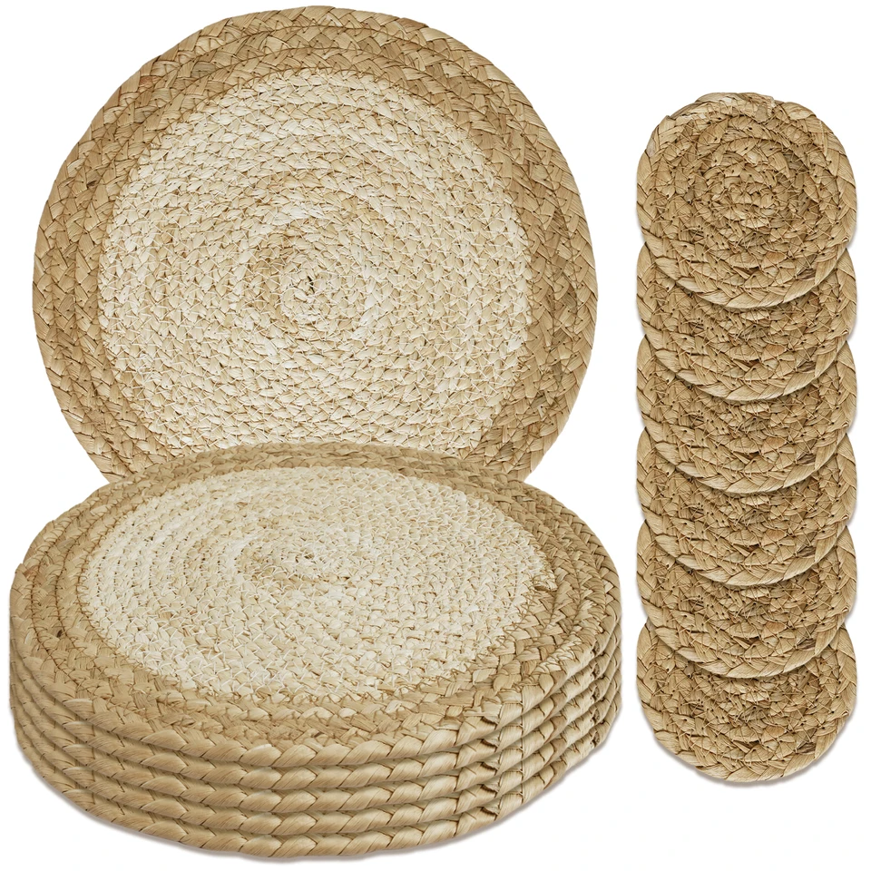 Round Braid Placemats Sada 6 umývateľných prírodných tkaných rohoží s prírodným ratanom