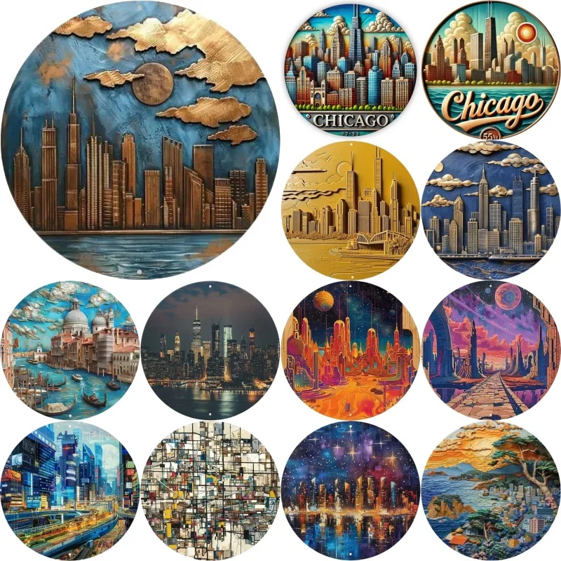 Round Metal Cin Sign Art maľba dekoratívne taniere veniec mestský panoráma Plaque plagát pre barovú kaviareň Club Club Domovská izba Decor