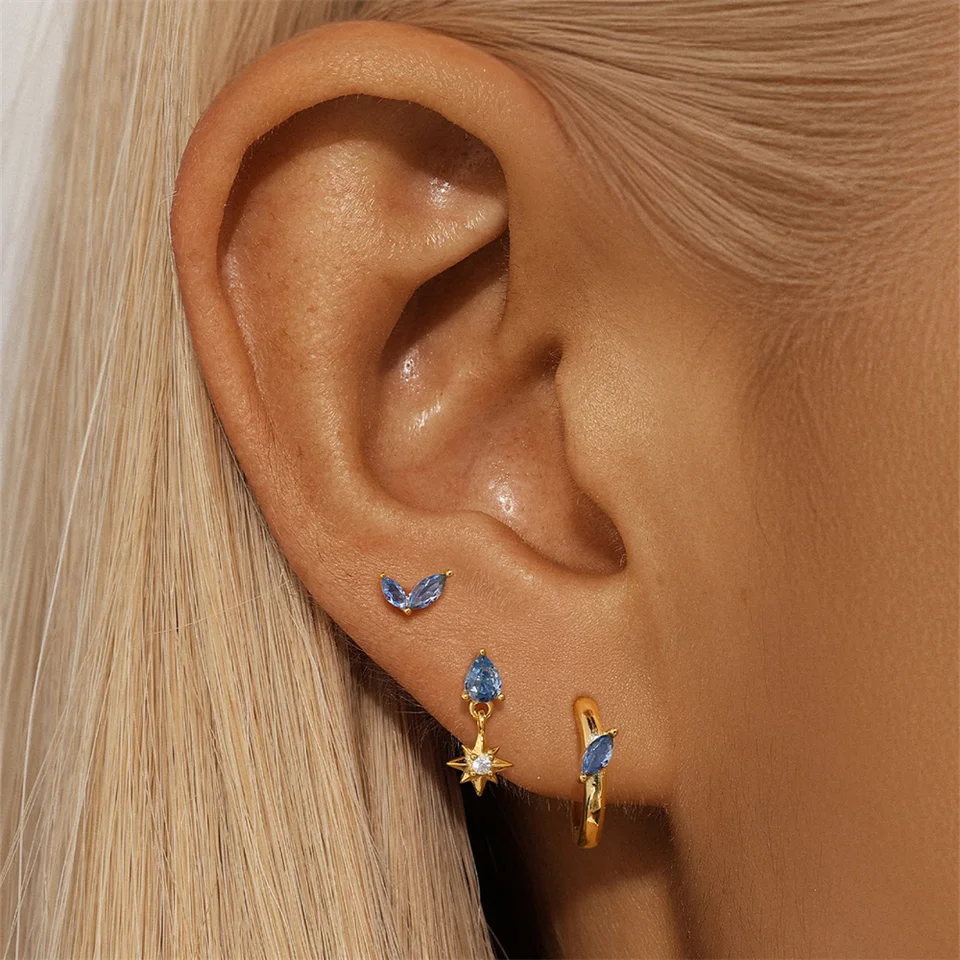 ROXI 925 Sterling Silver Blue Waterdrop/Horse Eye/osem špicatých hviezdnych náušníc