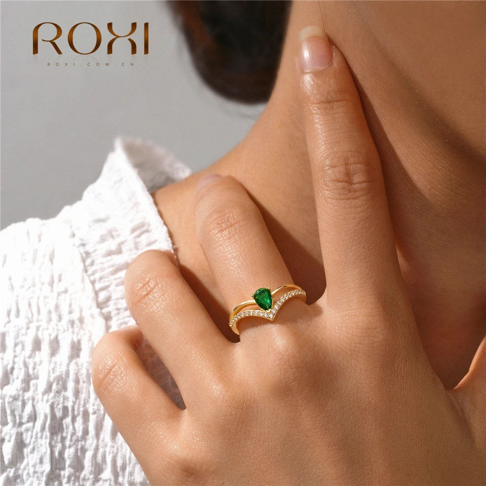 Roxi 925 Sterling Silver nastaviteľné zelené vodné kvapky krištáľové prstene prsty pre ženy dievčatá Svadobná strana jemné šperky bage femme