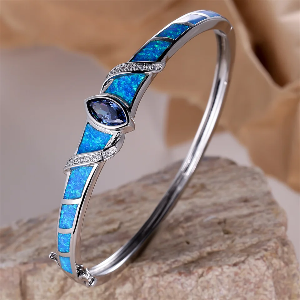 Royal Blue Crystal Marquise Stone Bangle Blue Fire Opal Opal Premery pre ženy vintage strieborná farba svadobná zásnub