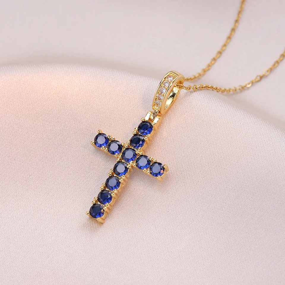 Royal Blue Crystal Multicolor Stone Cross Cross Pendant Náhrdelia