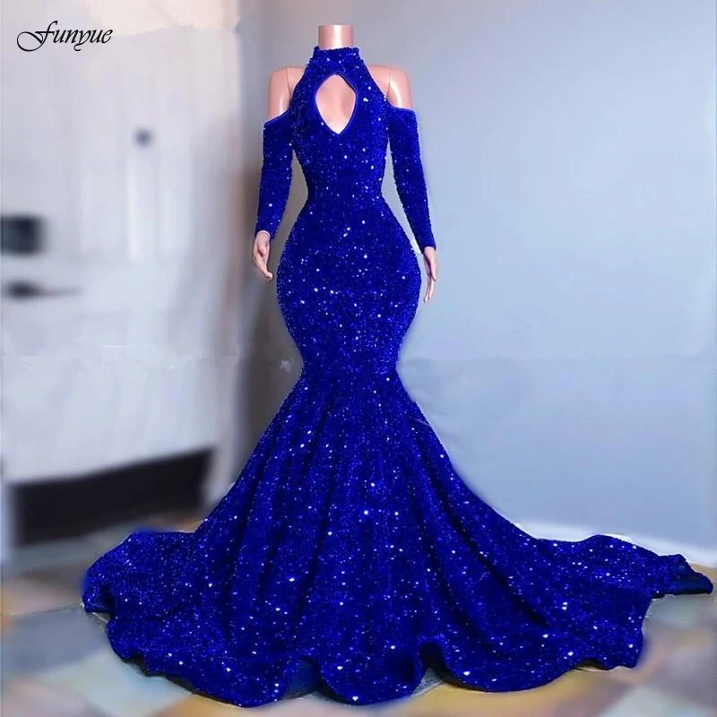 Royal Blue Fliters Mermaid Prom Daysy Elegantné dlhé rukávy večerné šaty 2024 z ramena plus veľkosť žien formálne šaty