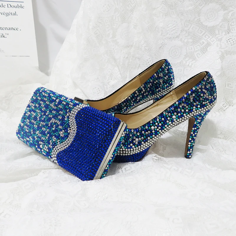 Royal Blue Multicolor Crystal Svadobné topánky s macingovými taškami Dámy módne topánky a taška set s vysokou platformou topánky Žena