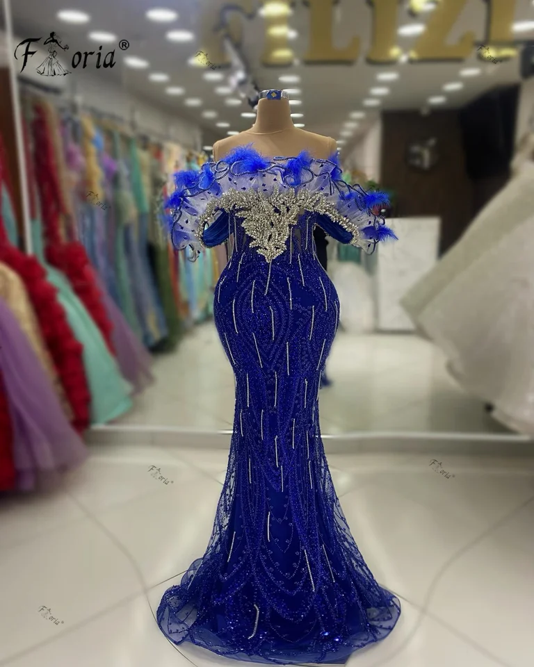Royal Blue Off the Ramen Feather Crystal Evening Party Dress 2024 Robes de Soirée Fringe Ruffle Special Formal Event Dresses