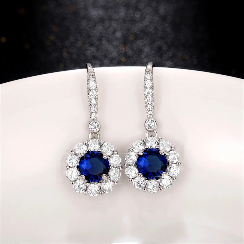 Royal Blue Stone White zirkon kvetiny náušnice pre ženy strieborné farebné okrúhle svadobné háčiky s krátkymi ušami matka narodeniny šperky