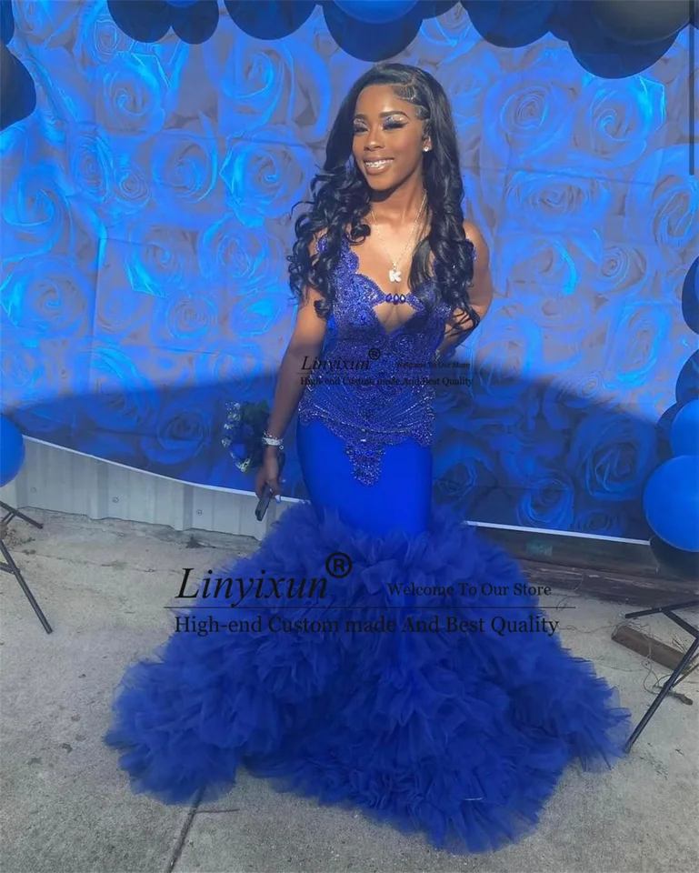 Royal Bluer Mermaid Prom Dress for Black Girls Luxury Diamonds Korálkové kryštály Rupe de Soiree Ruffle Birthday Evening Party šaty