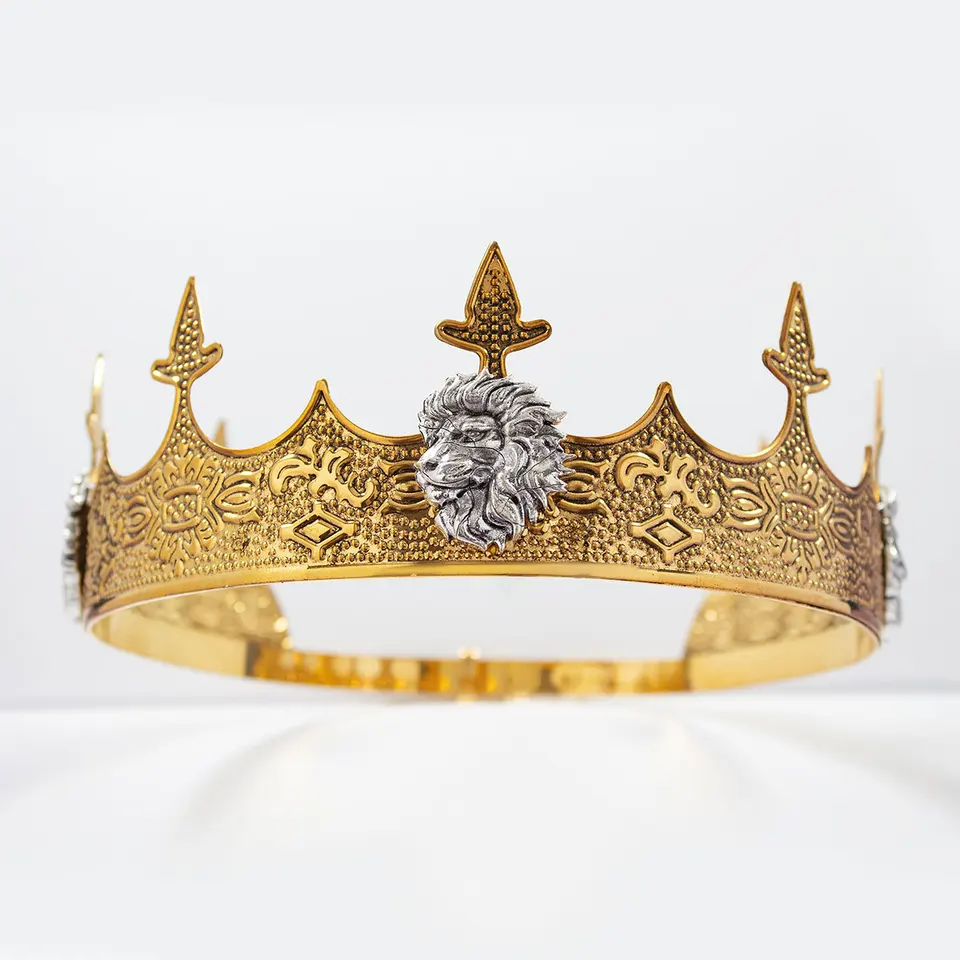 Royal Round Crown Lion Eagle Carving for Men Party Tiara Queen Prince Headdress