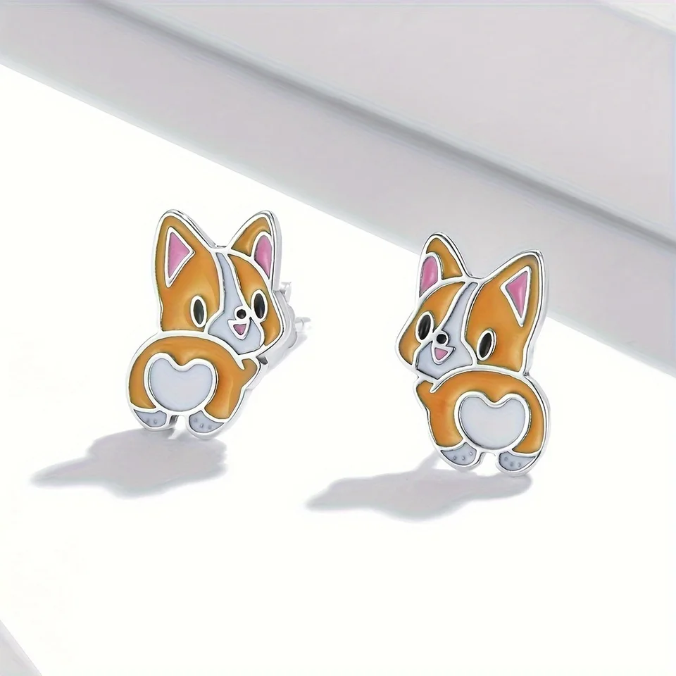 Rozkošné náušnice Corgi Enamel Stud pre dievčatá, dizajn kreslených psov s jednoduchým štýlom, štýl výklenku
