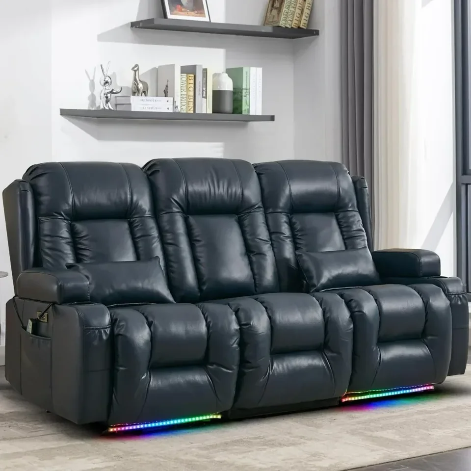 Rozmachové pohovky, LED okolité svetlo, otočené reproduktory stredného operadla/Bluetooth/USB/vstavané výstupy, Faux Leather Theatre sedenie divadla