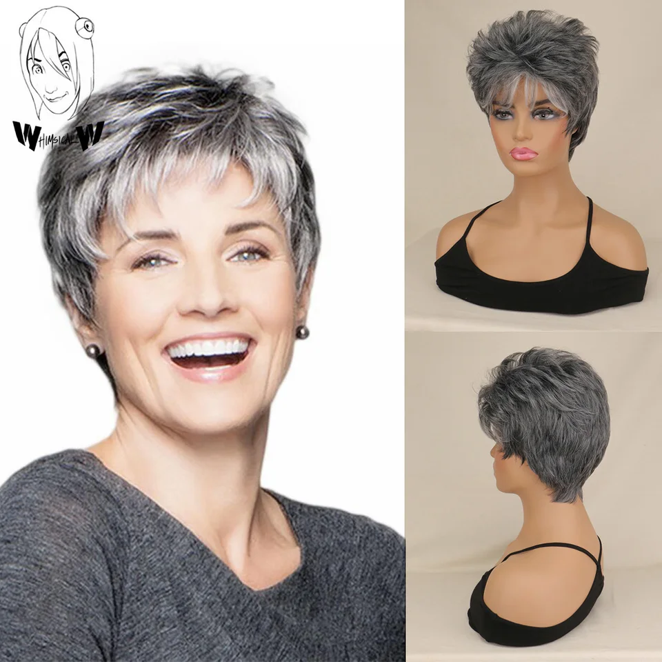 Rozmarné S syntetické krátke zmiešané sivé parochne s treskami tepelne rezistentné pixie strihané parochňa pre biele ženy denne používajte parochne