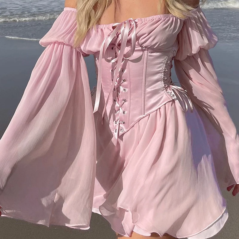 Rozprávková ružová šifónová mini šaty elegantné dámske dámske obväzy korzet vintage s dlhým puzdrom slnečníky slnečno sýr