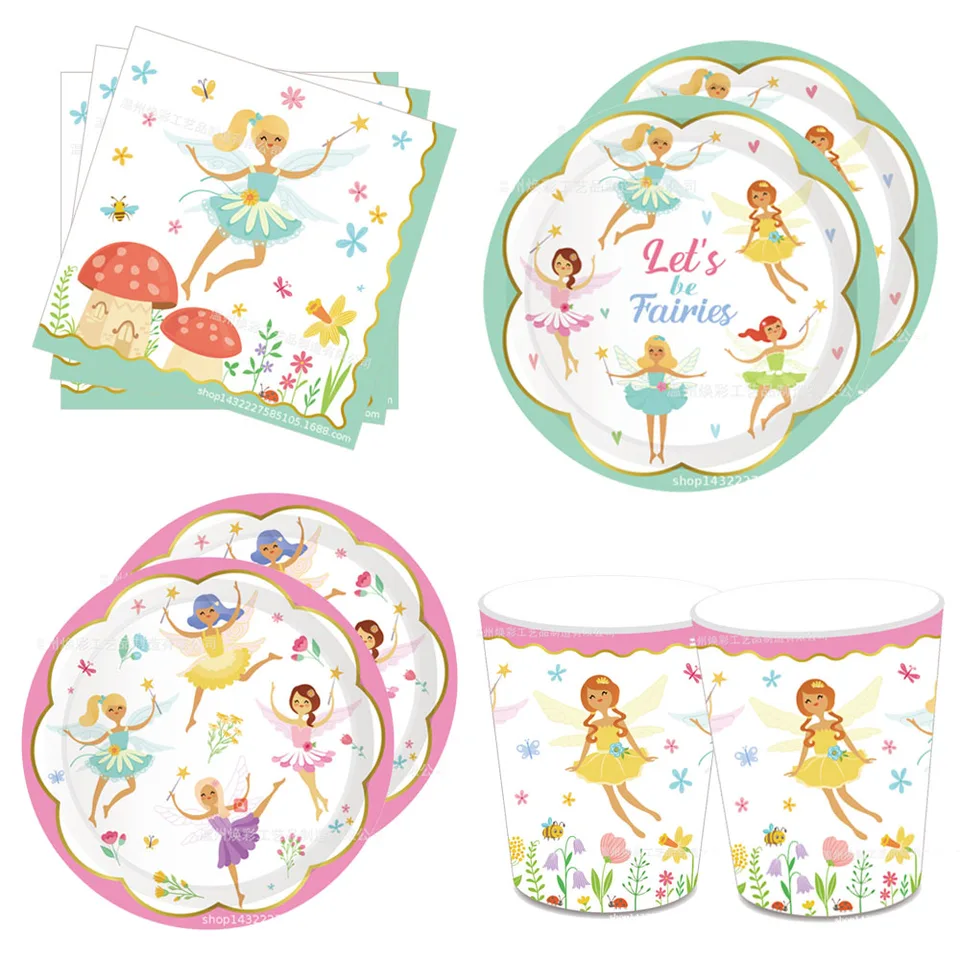 Rozprávkové narodeninové oslavy Dodávky rozprávkových párty Taveware Dezert Plates Strugs Girls Dievčatá narodeniny bábätká Tea Party