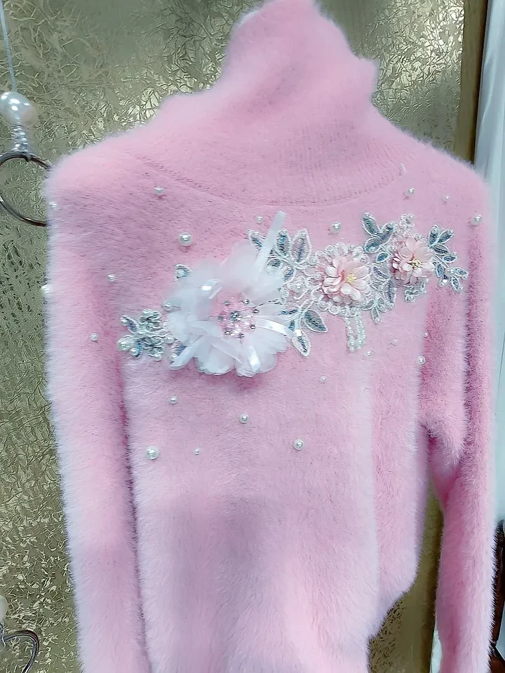 Rozprávkové perly korálkové 3D kvety Vyšívacie plyšové plyšové ružové ružové pullover cashmere rolák rolák kvetinové kvetinové masárske pletené oblečenie
