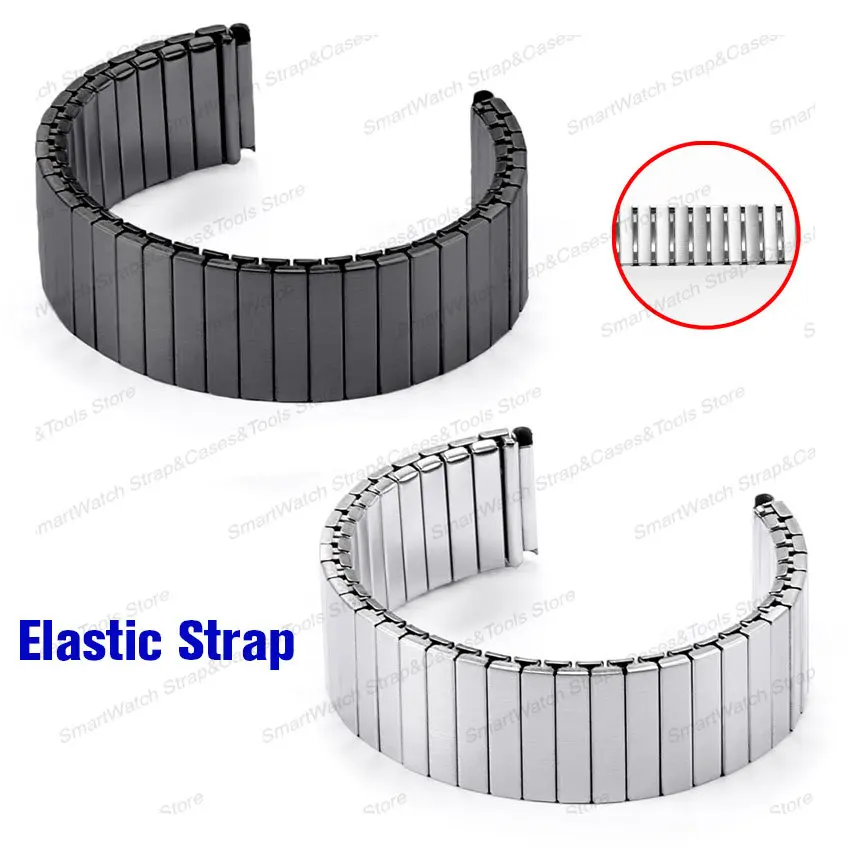 Roztiahnutie kovového remienka Elastic Elastic Watch Band z nehrdzavejúcej ocele strieborný čierny náramok