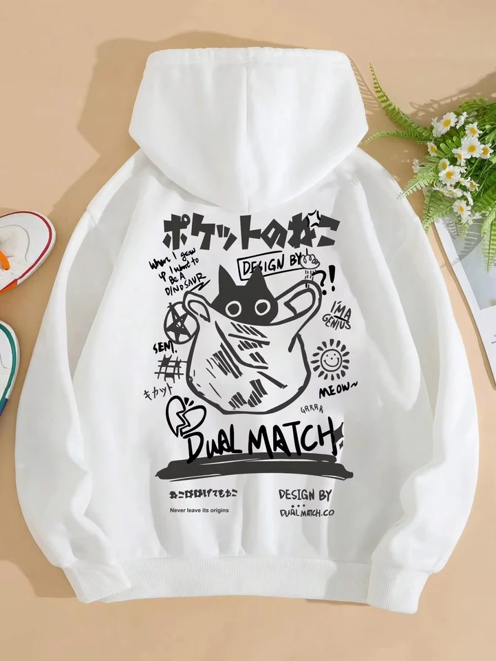 Roztomilá mačka karikatúra tlačená mikina Ženy Harajuku Príležitostné voľné kapucňu Módne mäkké vreckové mikiny Jeseň teplé ženské oblečenie