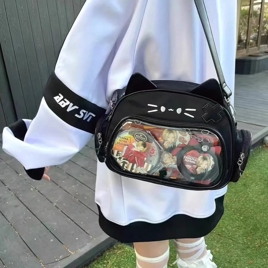 Roztomilá mačka čierne tašky na ramene vrecká ITA PVC Crossbody vrecká siamese s ušimi kožou pre ženy dievčatá