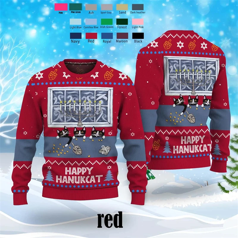Roztomilá čierna mačka škaredé hanukkah sveter móda vtipné dovolenky 3D zvieratá tlačené deti mikina príležitostné pretiahnuté pullovry topy