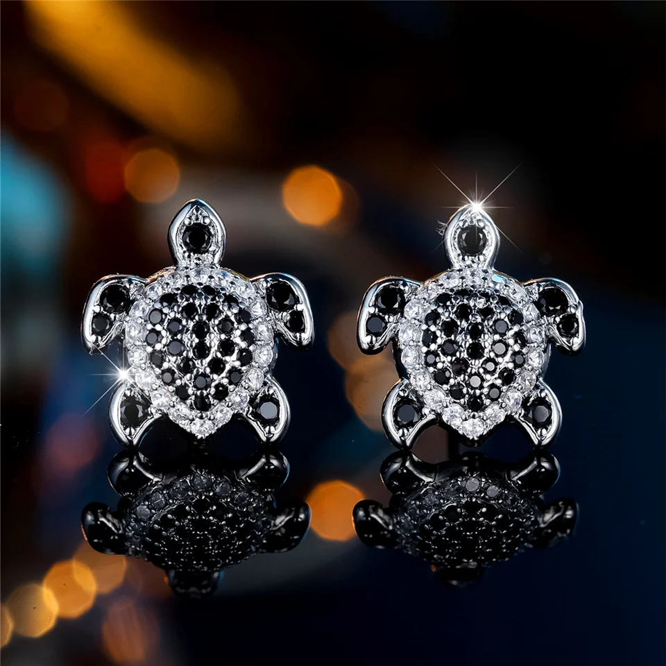 Roztomilá žena zelená ruža červená čierna zirkón kameň Small Round Turtle Stud náušnice Vintage strieborné farebné svadobné šperky pre ženy