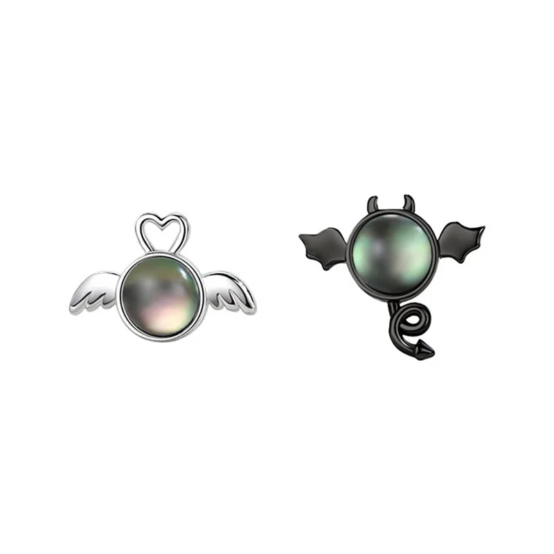 Roztomilé anjeli a démoni Stud náušnice Moonstone Heart Stud náušnice pre ženy asymetrické náušnice gotické šperky Halloween darček