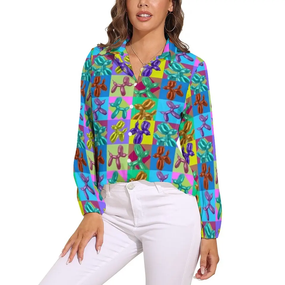 Roztomilé balóniky psov blúzka Ženy pop art tlač Ulica Wear Loose Blouses s dlhým rukávom kawaii košeľa tlačená top veľká veľkosť