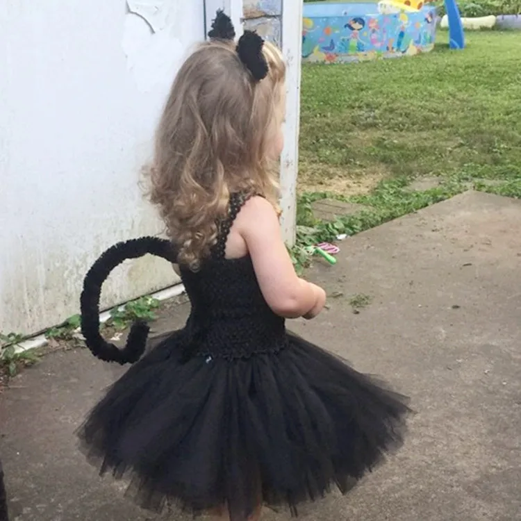 Roztomilé dievčatá čierna mačka tutu šaty čelenka kravata chvost brazílske šaty deti halloween vianočné cosplay party kostýmy šaty set