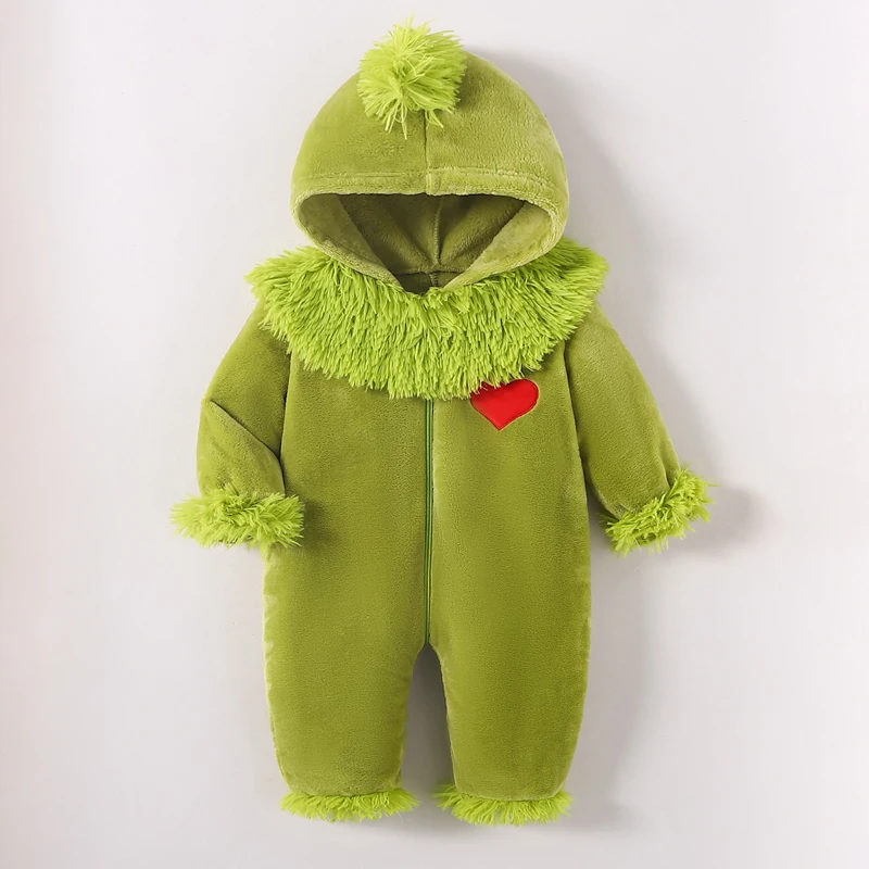 Roztomilé dieťa chlapče dievča vianočné teplé oblečenie s kapucňou zipsovou kombinézou Romper Furry Green Monster vianočné kostýmy oblečenie
