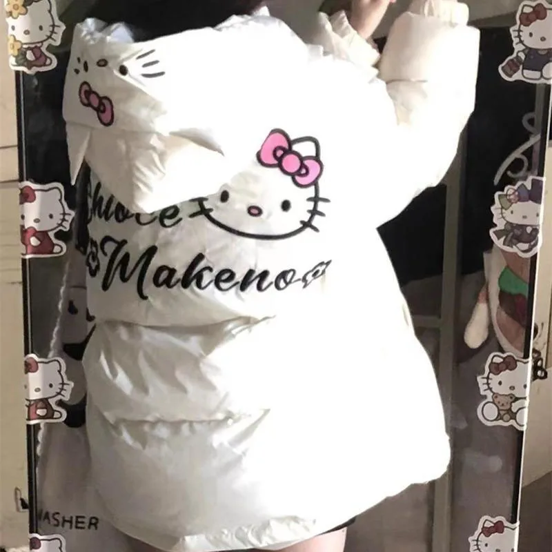 Roztomilé hello mačiatko listy s kabátom s kabátom s kabátom Dámske zimné čalúnené bunda zahusťuje voľný zipsový kabát Príležitostná teplá bunda pre ženy