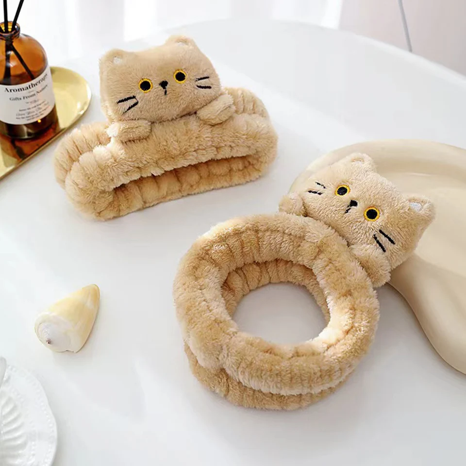 Roztomilé koralové fleece hlavy pásy elastické kreslené mačke make -up umývanie tváre Hairbands Soft -storcesed Facial Spa Headar Hair Kadery