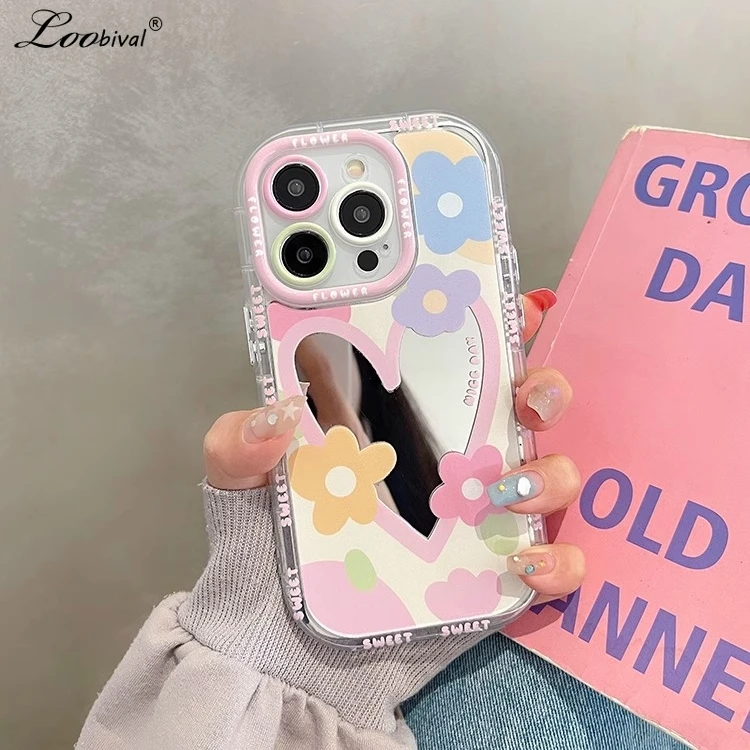 Roztomilé kreslené kvetinové zrkadlo pre iPhone 15 14 13 Pro Max 12 11 15 15Pro Love Heart Farebný make -up ins Korean Shockproof Cover