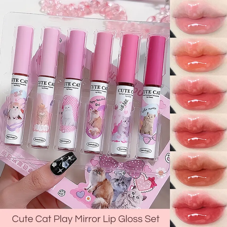 Roztomilé mačacie zábava zrkadlové glazúru s pierom Set 6 farieb Vysoko pigmentované pery hydratačné hydratačné lesklé pery make -up perfektný darček