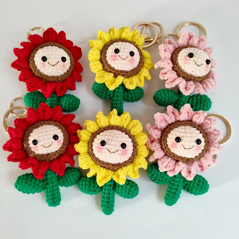 Roztomilé slnečnicové háčkovanie Klávesové kľúče ručné pletenie Smilie Sunflower Doll Doll Keychain pre tašku prívesok