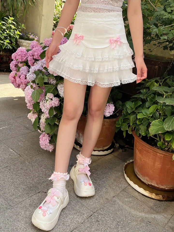 Roztomilé torty sukne pre sladké dievčatá letné luky dekorácia lolita štýl biela skladaná sukňa kawaii oblečenie