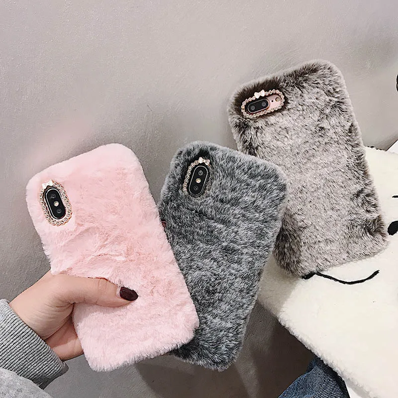 Roztomilé zimné teplé našuchorené kožušinové plyšové puzdro pre iPhone 12 14 Pro Max 11 13 Pro XS XR SE 2 8 7 6 Plus 5 4 Luxusný trblietavý telefónny kryt