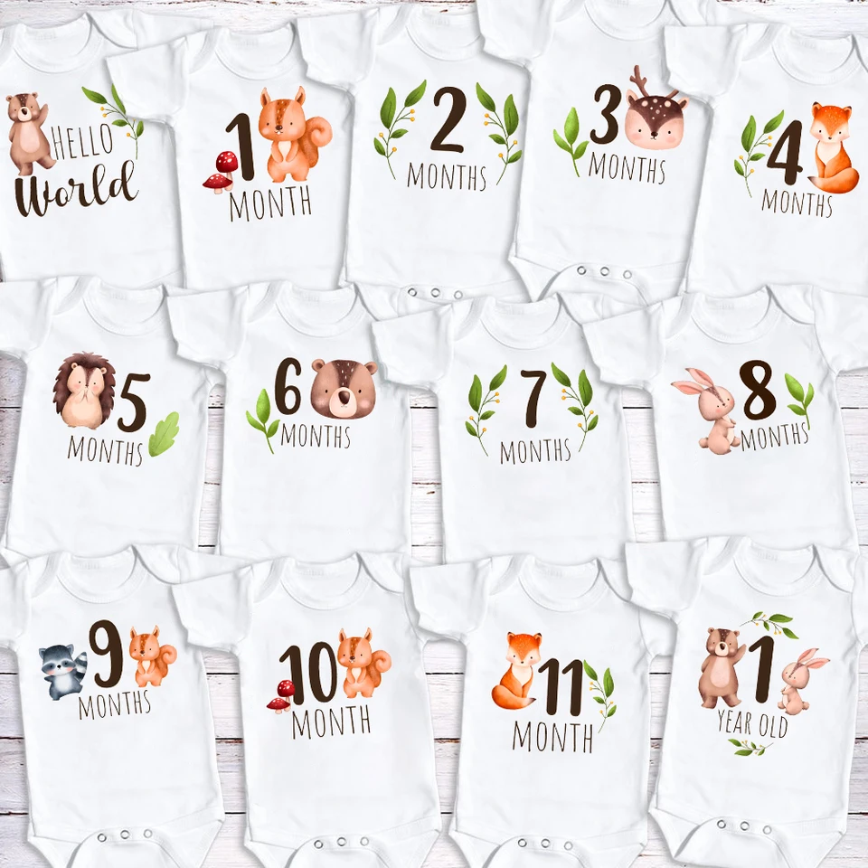 Roztomilé zviera vytlačené mesačné míľniky Baby Romper 1-12 mesiac novorodenca Bodysuit Photography