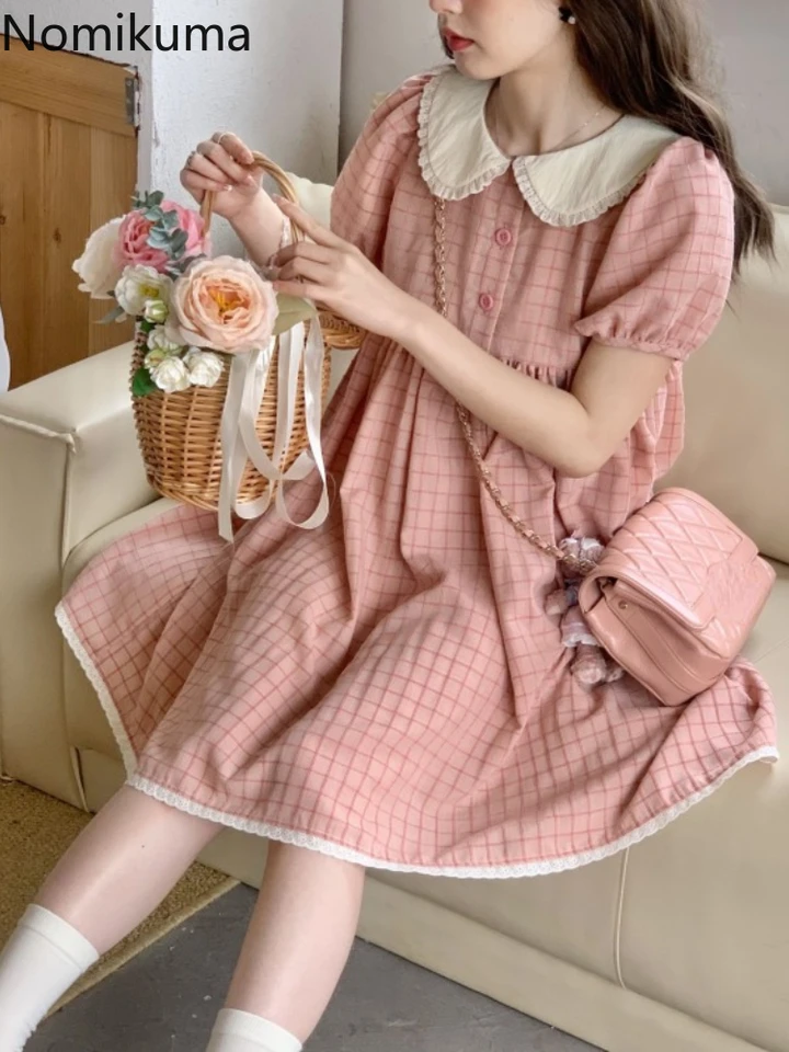Roztomilé šaty dámske oblečenie Peter Pan Collar Sweet Vintage Robe femme 2024 Vestidos de Mujer Loose A-Line Plaid Letné šaty