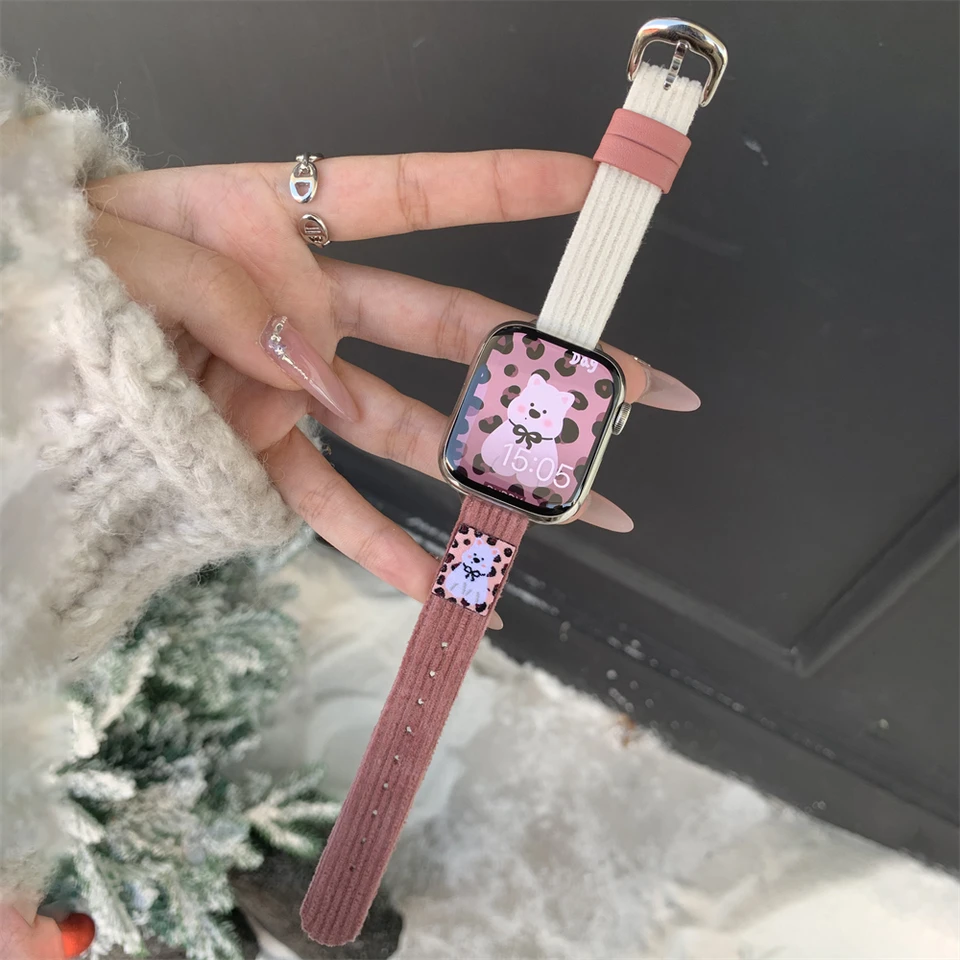 Roztomilé šteniatko kontrastné farby Corduroy Plaka pre Apple Watch 10 9 8 7 6 Slim Band pre Iwatch 41 mm 46 49 mm 45 40 mm 42 mm 38 mm