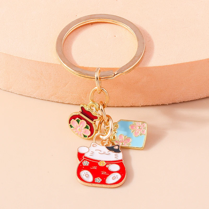 Roztomilé šťastie mačky Keychain kúzla Lucky Bag Japanse Sakura Key Rings Prívesky darček pre ženy ručne vyrábané šperky