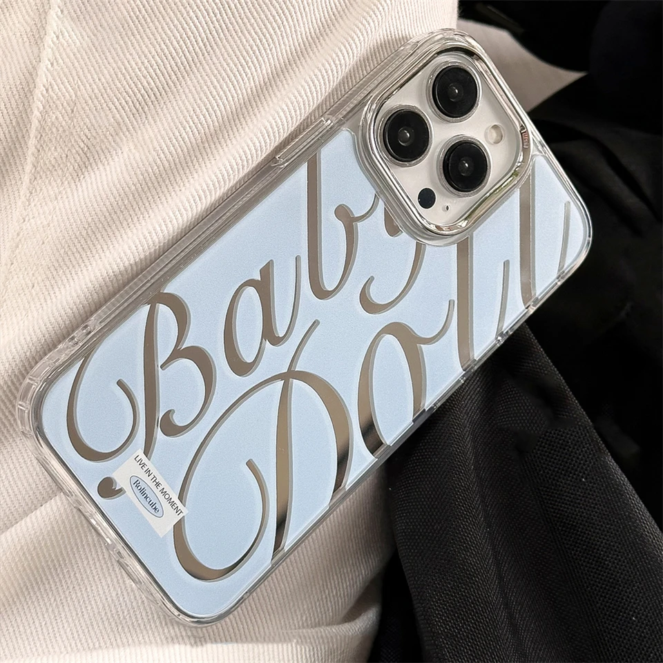 Roztomilý anglický list Blue zrkadlové puzdro pre telefón pre iPhone 15 14 Pro Max 13 12 11 11 Luxusný nárazový nepriestrelný anti-kvapkaný škrupina Soft Soft Soft