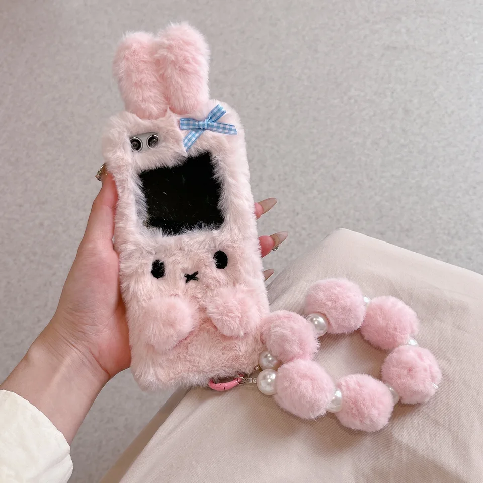 Roztomilý bunny skladací plyšový puzdro na telefón Kawaii Phone Accessories for Galaxy Z Flip 3 4 5 6