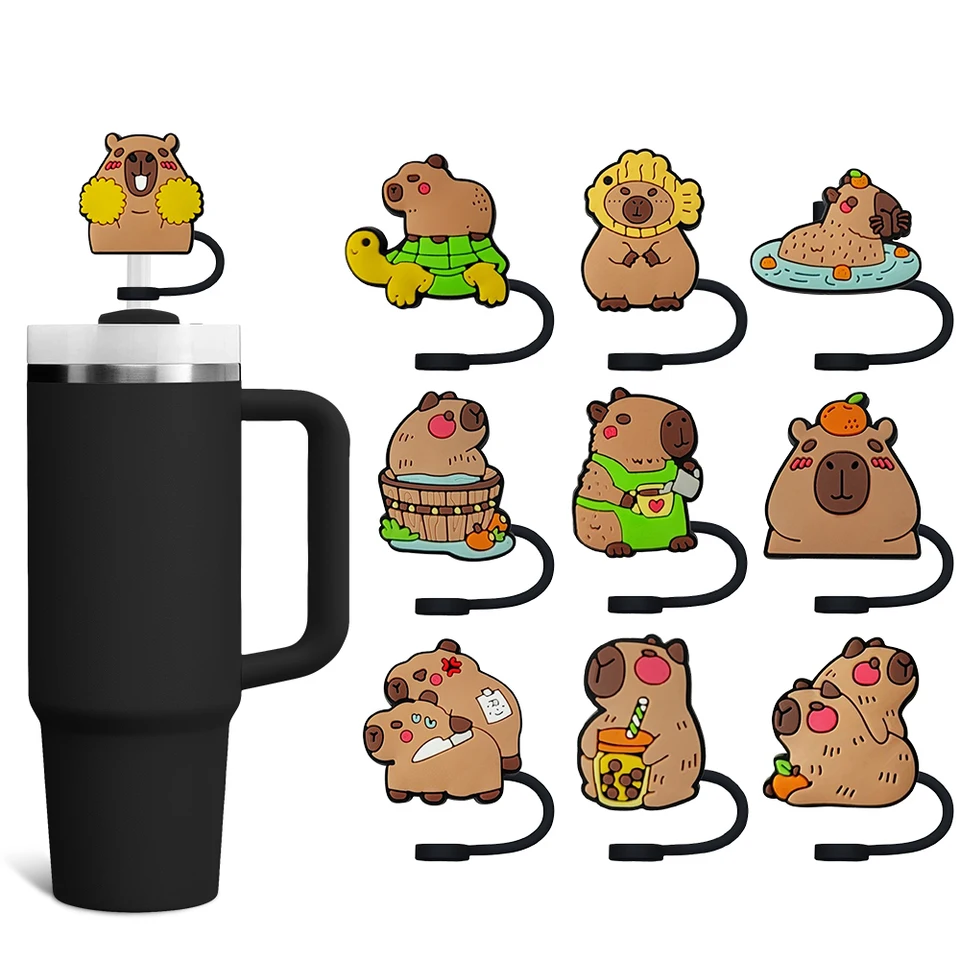 Roztomilý CapyBara Cartoon Slaw Cover Cap 10 mm ekologicky priateľská slama Plug Splash Proof Pit Pohár kúzla