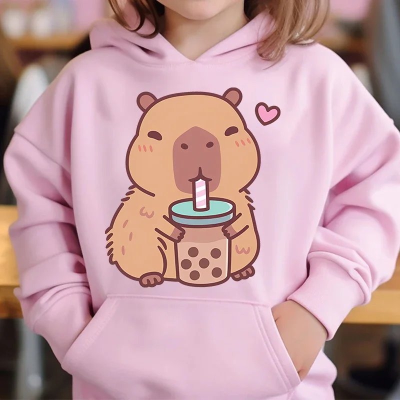 Roztomilý Capybara Loves Bubble Tea Kids Hoodie Ruž