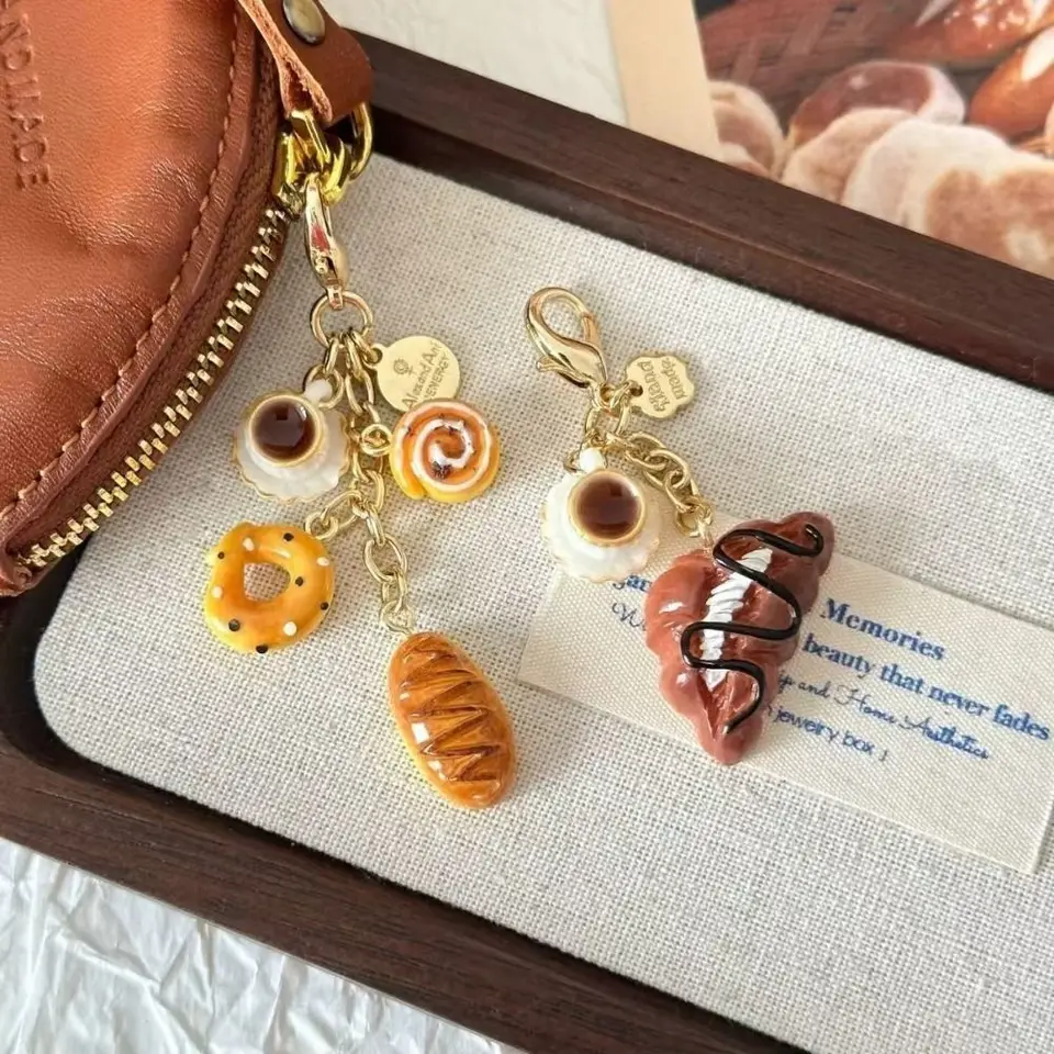 Roztomilý dezert káva chlieb kľúča bagel alkali chlieb karikatúry kľúče reťazce batohov kúzla slúchadlá pre slúchadlá prívesok taška prívesok Dievčatá