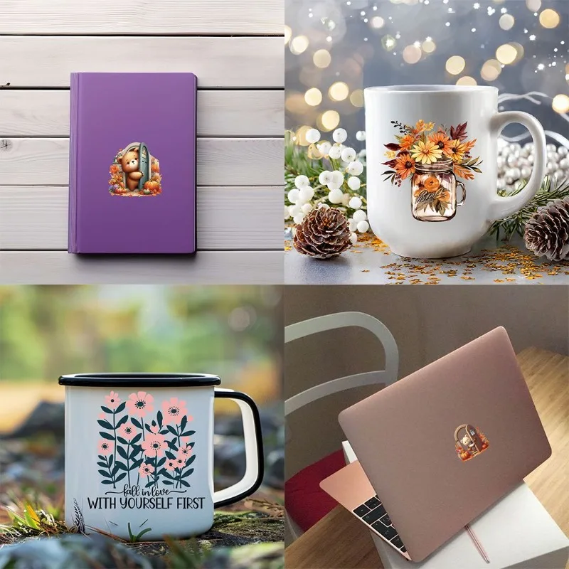 Roztomilý jesenný medvedík s domom UV DTF Cup Stupeters, Witerproof Sticker Balenie na zdobenie hrnčekov, DIY Art Supplies ， Domáca dekorácia