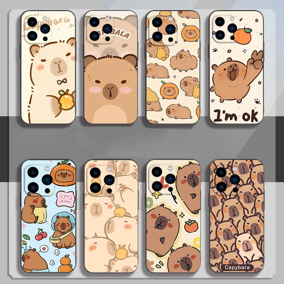 Roztomilý karikatúra Capybara Telefón puzdro pre iPhone 12 11 13 14 15 16 Max Pro Plus čierny mäkký silikónový kryt