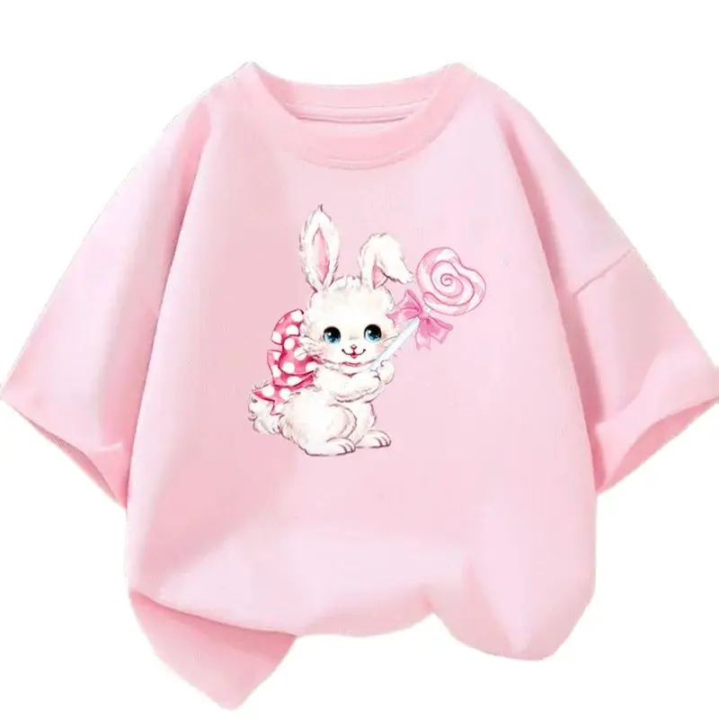 Roztomilý karikatúra králičie lízanky potlač tričká Študent dievčatá Kawaii Tee Vysoko kvalitné bavlnené letné letné krátke rukávy Príležitostné vrcholy