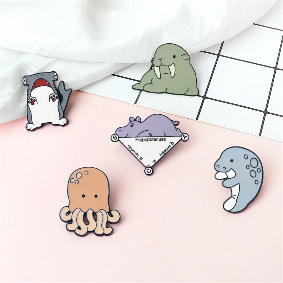 Roztomilý karikatúra námorné zvieracie emailové špendlíky Walrus pečať pečať žralok Hippopotamus Octopus Broš
