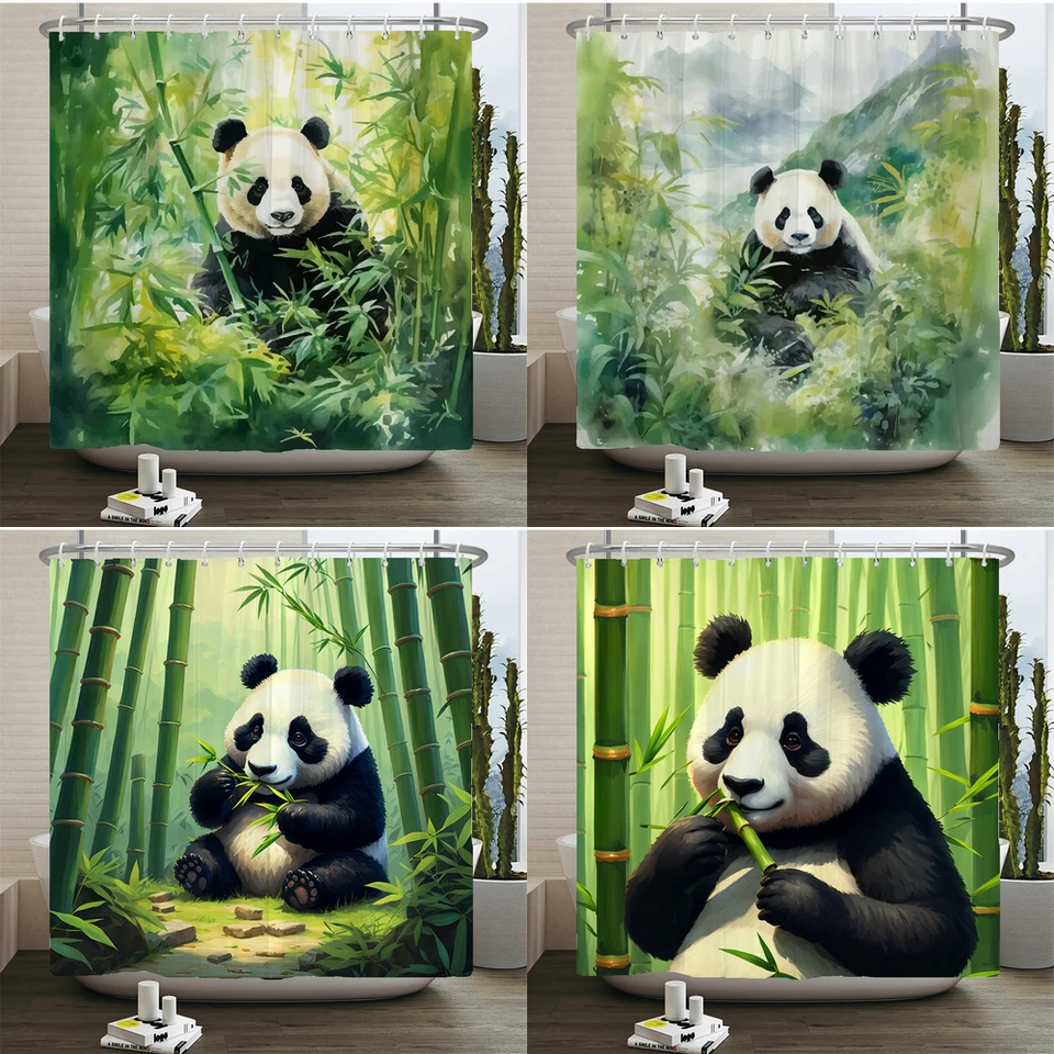 Roztomilý karikatúra panda tlačená tkanina nepremokavá sprchová záclona s háčikmi pre kúpeľňové črepy v kúpeľni Domáce dekorácie nástenná tkanina