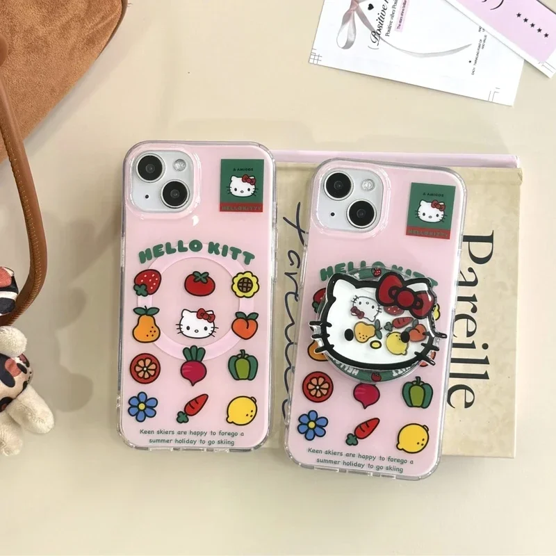 Roztomilý karikatúra Sanrio Hello Kitty Magnetic Držiteľ Magsafe bezdrôtový nabíjací puzdro pre iPhone 16 Pro 15 14 13 13 Pro Max Hard Cover Cover