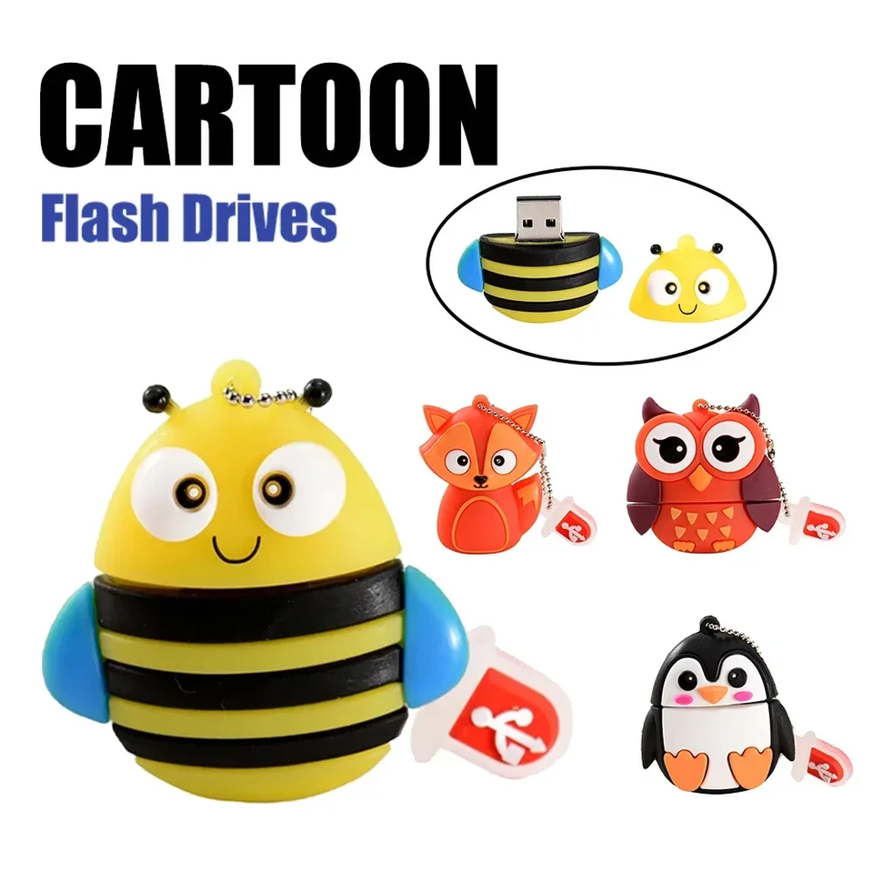 Roztomilý karikatúra USB 2.0 Stick 128 GB Animal Penguin USB Flash Drive 64 GB Cat Owl Pen Drive 32 GB Fox 2.0 Pamäťová palica 16 GB 8 GB флешка